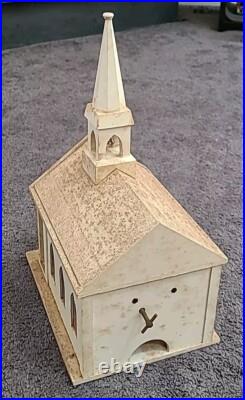 Vintage Putz Church Music Box Wood Stained Glass Windows Tall Steeple Bell 16.5