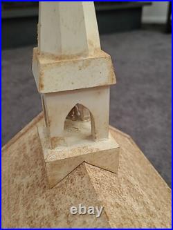 Vintage Putz Church Music Box Wood Stained Glass Windows Tall Steeple Bell 16.5