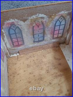 Vintage Putz Church Music Box Wood Stained Glass Windows Tall Steeple Bell 16.5