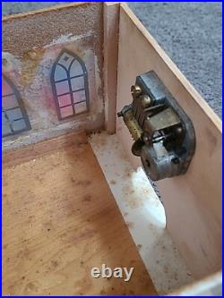 Vintage Putz Church Music Box Wood Stained Glass Windows Tall Steeple Bell 16.5