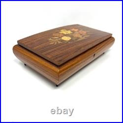 Vintage REUGE Italian Wood Inlay Jewelry Music Box 5.5x10.5x2 Brown