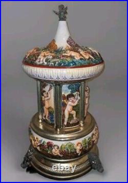 Vintage REUGE SIMU Capodimonte Italy Cherub Music Carousel Cigarette Or Lipstick