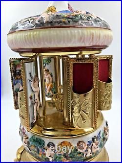 Vintage Reuge Capodimonte Porcelain Musical Lipstick Carousel Gold Leaf Harp