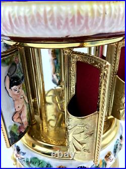 Vintage Reuge Capodimonte Porcelain Musical Lipstick Carousel Gold Leaf Harp