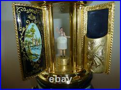 Vintage Reuge Dancing Ballerina Music Box Carousel Holder Gold Leaf Metal Case
