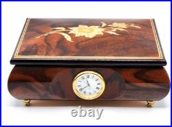 Vintage Reuge Italian Music Jewelry Box Inlaid Floral Design Sorrento withClock