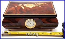 Vintage Reuge Italian Music Jewelry Box Inlaid Floral Design Sorrento withClock