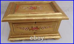 Vintage Reuge Swiss Music Jewelry Box 4-Song Gilt Gold Hand Painted