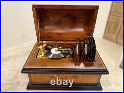 Vintage Reuge Treasure Chest Music Box Brass Plated, 4-1/2 Disc Player, 7 Discs