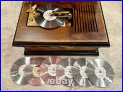 Vintage Reuge Treasure Chest Music Box Brass Plated, 4-1/2 Disc Player, 7 Discs