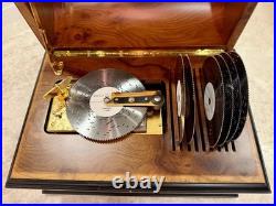 Vintage Reuge Treasure Chest Music Box Brass Plated, 4-1/2 Disc Player, 7 Discs