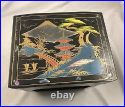 Vintage Rickshaw Music Animated Jewelry Box Made in Japan Black Lacquer