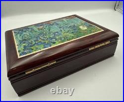 Vintage Rosewood Music Jewelry Box Van Gogh Irises Tile Velvet Interior Working