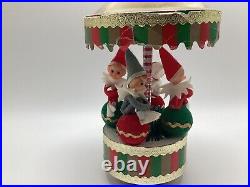 Vintage Sankyo Japan Christmas Carousel Music Box Knee Hugger Elf Elves On Balls