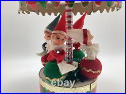 Vintage Sankyo Japan Christmas Carousel Music Box Knee Hugger Elf Elves On Balls