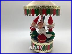 Vintage Sankyo Japan Christmas Carousel Music Box Knee Hugger Elf Elves On Balls