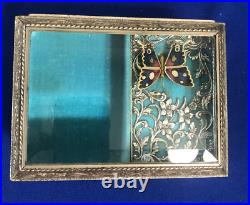 Vintage Silver Tone Enamel Butterfly Animated Motion Music Jewelry Box