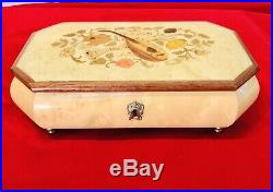 Vintage Swiss, Italy Cylinder Music Jewelry Box With Oak Case Hand Painted On It