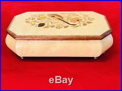 Vintage Swiss, Italy Cylinder Music Jewelry Box With Oak Case Hand Painted On It