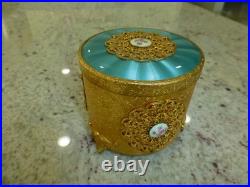 Vintage Swiss Reuge Guilloche Enamel Music Box Musical Powder Gold Tone Case