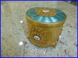 Vintage Swiss Reuge Guilloche Enamel Music Box Musical Powder Gold Tone Case