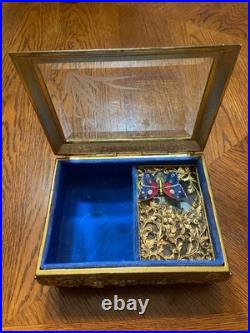 Vintage Westland Enamel Butterfly Automation Etched Music Jewelry Box JAPAN