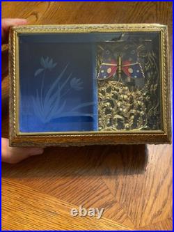 Vintage Westland Enamel Butterfly Automation Etched Music Jewelry Box JAPAN