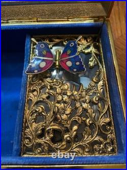 Vintage Westland Enamel Butterfly Automation Etched Music Jewelry Box JAPAN