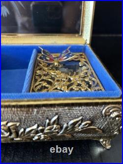 Vintage Westland Enamel Butterfly Automation Etched Music Jewelry Box JAPAN