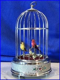 Vintage germany, hanging Nickel, cage singing automaton birds music box, mechanical