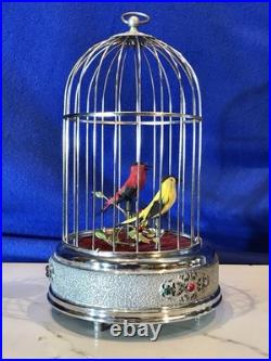 Vintage germany, hanging Nickel, cage singing automaton birds music box, mechanical