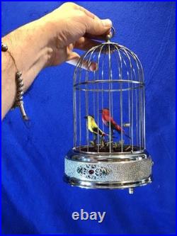 Vintage germany, hanging Nickel, cage singing automaton birds music box, mechanical