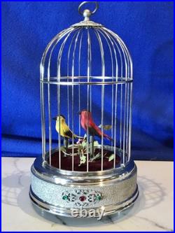 Vintage germany, hanging Nickel, cage singing automaton birds music box, mechanical