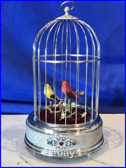 Vintage germany, hanging Nickel, cage singing automaton birds music box, mechanical