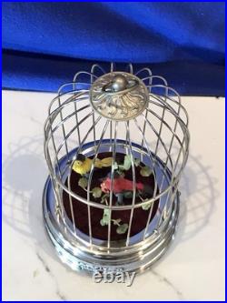 Vintage germany, hanging Nickel, cage singing automaton birds music box, mechanical