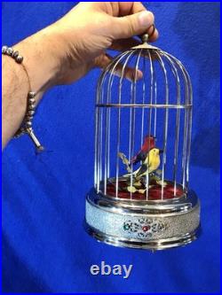 Vintage germany, hanging Nickel, cage singing automaton birds music box, mechanical