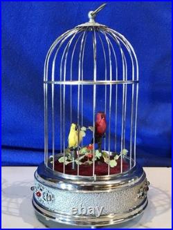 Vintage germany, hanging Nickel, cage singing automaton birds music box, mechanical