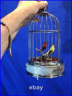 Vintage germany, hanging Nickel, cage singing automaton birds music box, mechanical