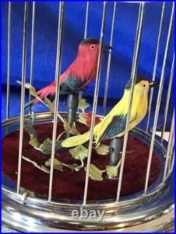 Vintage germany, hanging Nickel, cage singing automaton birds music box, mechanical