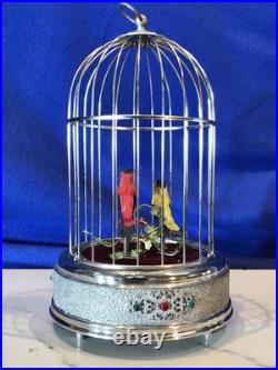 Vintage germany, hanging Nickel, cage singing automaton birds music box, mechanical