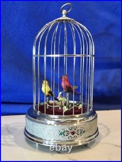 Vintage germany, hanging Nickel, cage singing automaton birds music box, mechanical