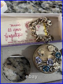 Vtg Antique Swiss Gold Bracelet Music Box Enamel Flowers Works Great