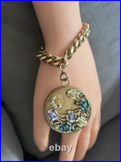 Vtg Antique Swiss Gold Bracelet Music Box Enamel Flowers Works Great