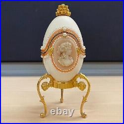 Vtg Cameo Jeweled Real Ostrich Egg Pedestal Hinged Box Music Box Rhinestones