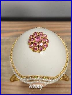 Vtg Cameo Jeweled Real Ostrich Egg Pedestal Hinged Box Music Box Rhinestones