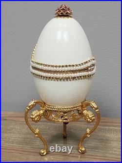 Vtg Cameo Jeweled Real Ostrich Egg Pedestal Hinged Box Music Box Rhinestones