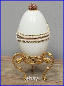 Vtg Cameo Jeweled Real Ostrich Egg Pedestal Hinged Box Music Box Rhinestones
