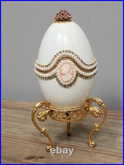 Vtg Cameo Jeweled Real Ostrich Egg Pedestal Hinged Box Music Box Rhinestones