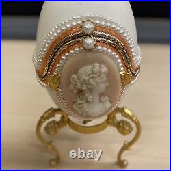 Vtg Cameo Jeweled Real Ostrich Egg Pedestal Hinged Box Music Box Rhinestones