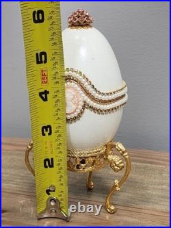 Vtg Cameo Jeweled Real Ostrich Egg Pedestal Hinged Box Music Box Rhinestones